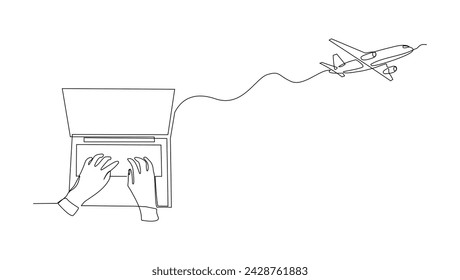 Dibujo continuo del boceto de la sola línea de la computadora portátil con el avión volador. Una línea de arte del transporte de negocios ilustración vectorial de viaje