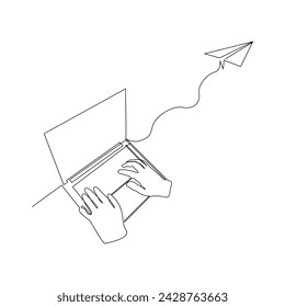 Continuous single line sketch drawing of business laptop with flying paper plane. One line art of electronic mail message vector illustration