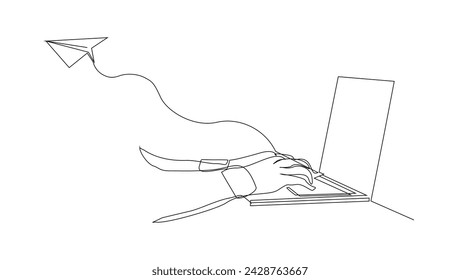 Continuous single line sketch drawing of business laptop with flying paper plane. One line art of electronic mail message vector illustration
