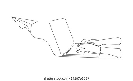 Dibujo continuo del boceto de la sola línea del ordenador portátil del negocio con el avión volador del papel. Una línea de arte de mensaje de correo electrónico ilustración vectorial