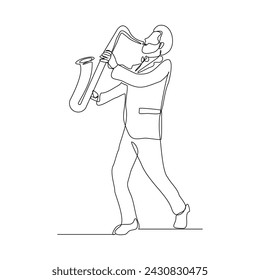 Dibujo de boceto de una sola línea continua de un músico de jazz clásico tocando la trompeta saxofón instrumento de música. Una línea clásica de la orquesta de jazz real ilustración vectorial