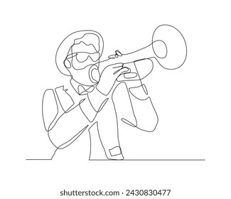 Continuous single line sketch drawing of man musician classic jazz playing trumpet saxophone music instrument. One line classic royal jazz orchestra vector illustration