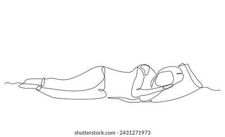 Continuous single line sketch drawing of woman sleeping on pillow bed one line lifestyle vector illustration