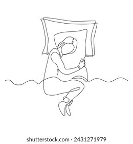 Continuous single line sketch drawing of woman sleeping on pillow bed one line lifestyle vector illustration