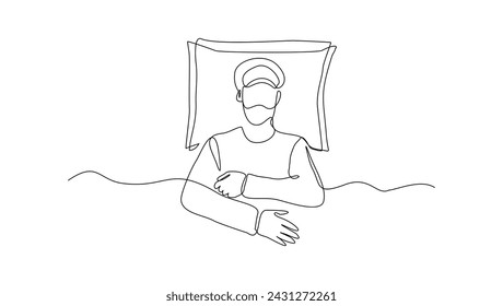 Continuous single line sketch drawing of man sleeping on pillow bed one line lifestyle vector illustration