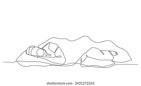 Kontinuierliche Single Line Skizze Zeichnung des Mannes schlafend auf Kissenbett eine Linie Lifestyle Vektor-Illustration