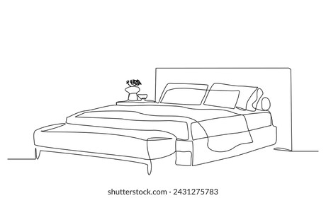 Continuous single line sketch drawing of bed with bed cover blanket and pillow. One line art of cozy bedroom modern furniture vector illustration