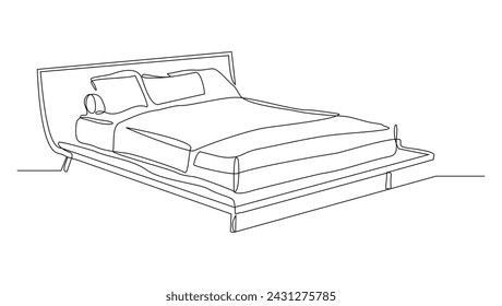 Continuous single line sketch drawing of bed with bed cover blanket and pillow. One line art of cozy bedroom modern furniture vector illustration