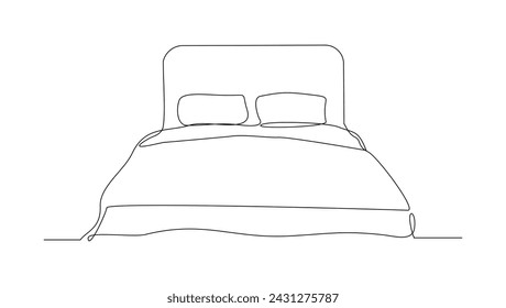 Continuous single line sketch drawing of bed with bed cover blanket and pillow. One line art of cozy bedroom modern furniture vector illustration