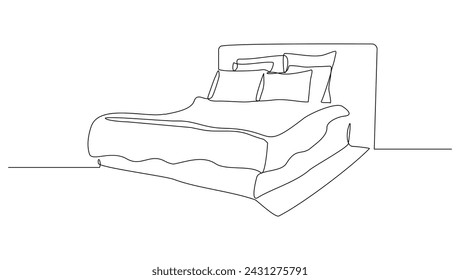 Continuous single line sketch drawing of bed with bed cover blanket and pillow. One line art of cozy bedroom modern furniture vector illustration