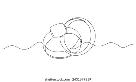 Continuous single line sketch drawing of wedding couple rings. One line art of engagement and love marriage symbol vector illustration