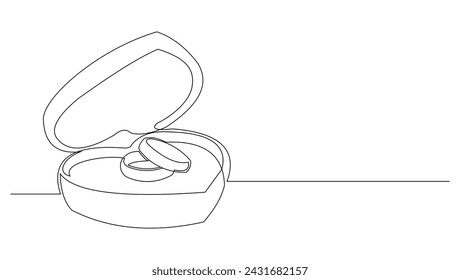 Continuous single line sketch drawing of wedding couple rings in elegant box. One line art of engagement and love marriage symbol vector illustration