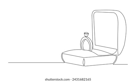 Dibujo continuo de boceto de una sola línea de anillos de matrimonio en caja elegante. Una línea de arte de compromiso y amor símbolo de matrimonio ilustración vectorial