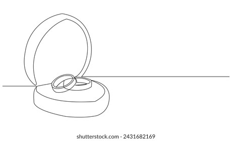 Continuous single line sketch drawing of wedding couple rings in elegant box. One line art of engagement and love marriage symbol vector illustration
