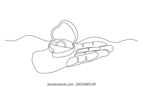 Continuous single line sketch drawing of hand holding wedding couple rings in open elegant box. One line art of engagement and love marriage symbol vector illustration