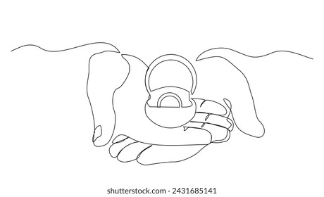 Continuous single line sketch drawing of hand holding wedding couple rings in open elegant box. One line art of engagement and love marriage symbol vector illustration