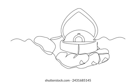 Continuous single line sketch drawing of hand holding wedding couple rings in open elegant box. One line art of engagement and love marriage symbol vector illustration