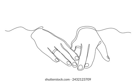 Continuous single line sketch drawing of hand wearing wedding couple rings. One line art of engagement and love marriage symbol vector illustration