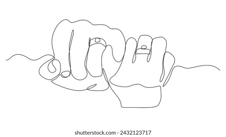 Kontinuierliche Single-Line-Skizze der Hand tragen Hochzeit Paar Ringe. Eine Linie Kunst der Verlobung und Liebe Ehe Symbol Vektor-Illustration