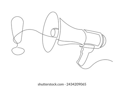 Continuous single line sketch drawing of megaphone exclamation mark attention warning sign one line vector illustration