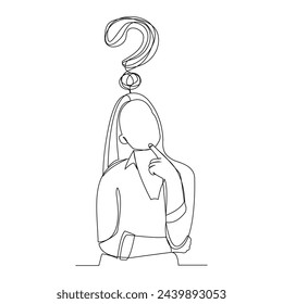 Continuous single line sketch drawing of thinking woman with questions mark. One line art of business woman thinking idea. Vector illustration