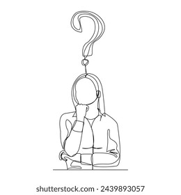 Continuous single line sketch drawing of thinking woman with questions mark. One line art of business woman thinking idea. Vector illustration