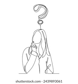 Kontinuierliche Single Line Skizze der denkenden Frau mit Fragezeichen. One Line Art der Business-Frau Denkidee. Vektorgrafik