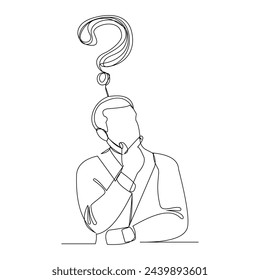 Continuous single line sketch drawing of thinking man with questions mark. One line art of business man thinking idea. Vector illustration