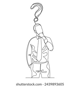 Continuous single line sketch drawing of thinking man with questions mark. One line art of business man thinking idea. Vector illustration