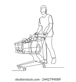 Continuous single line sketch drawing young happy man pushing shopping trolley cart. One line retail shop mart market vector illustration