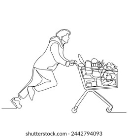 Continuous single line sketch drawing young happy man pushing shopping trolley cart. One line retail shop mart market vector illustration