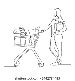 Continuous single line sketch drawing young happy woman pushing shopping trolley cart. One line retail shop mart market vector illustration