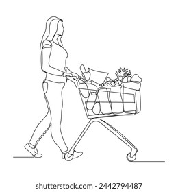 Continuous single line sketch drawing young happy woman pushing shopping trolley cart. One line retail shop mart market vector illustration