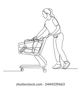 Continuous single line sketch drawing young happy woman pushing shopping trolley cart. One line retail shop mart market vector illustration	