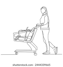 Continuous single line sketch drawing young happy woman pushing shopping trolley cart. One line retail shop mart market vector illustration	