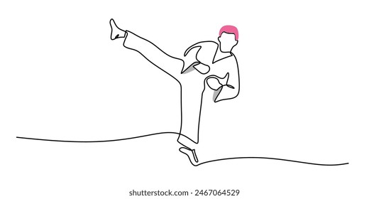 Dibujo continuo de una sola línea del karateka confiado del hombre joven en kimono que practica el combate de la patada del karate. Una línea de arte marcial tradicional concepto de entrenamiento deportivo Ilustración vectorial