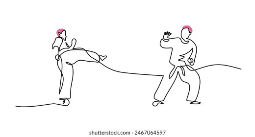 Continuous single line sketch drawing of young man confident karateka in kimono practicing karate combat. One line traditional martial art sport training concept Vector illustration