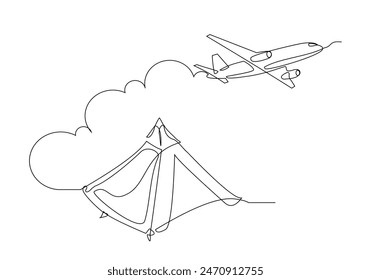 Continuous single line sketch drawing of airplane flying over camping tent. Outdoor holiday travel adventure concept vector illustration