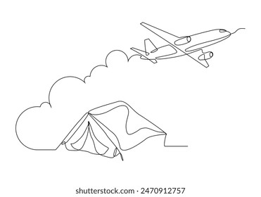 Continuous single line sketch drawing of airplane flying over camping tent. Outdoor holiday travel adventure concept vector illustration