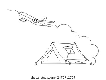 Continuous single line sketch drawing of airplane flying over camping tent. Outdoor holiday travel adventure concept vector illustration