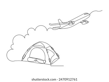 Continuous single line sketch drawing of airplane flying over camping tent. Outdoor holiday travel adventure concept vector illustration