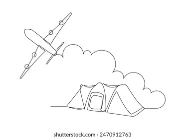 Continuous single line sketch drawing of airplane flying over camping tent. Outdoor holiday travel adventure concept vector illustration