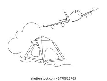 Continuous single line sketch drawing of airplane flying over camping tent. Outdoor holiday travel adventure concept vector illustration