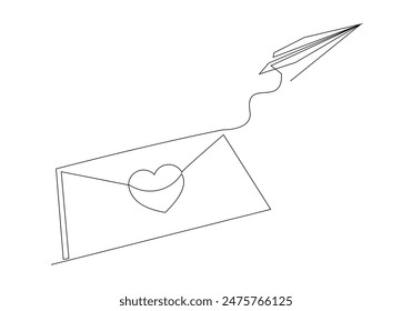 Dibujo continuo del boceto de una sola línea del correo del sobre con el avión de papel volador que envía la carta y el concepto del mensaje del correo electrónico Ilustración vectorial del arte de una línea