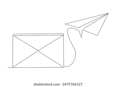 Continuous single line sketch drawing of envelope mail with flying paper plane sending letter and email message concept one line art vector illustration