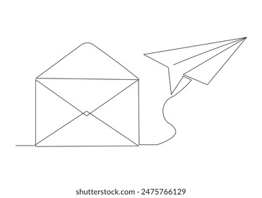 Continuous single line sketch drawing of envelope mail with flying paper plane sending letter and email message concept one line art vector illustration