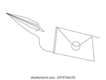 Continuous single line sketch drawing of envelope mail with flying paper plane sending letter and email message concept one line art vector illustration