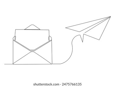 Continuous single line sketch drawing of envelope mail with flying paper plane sending letter and email message concept one line art vector illustration