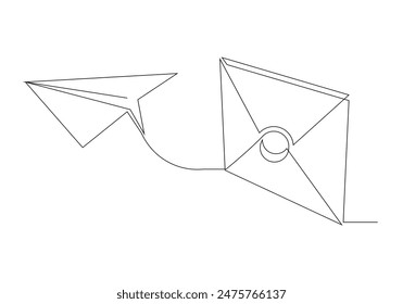 Continuous single line sketch drawing of envelope mail with flying paper plane sending letter and email message concept one line art vector illustration