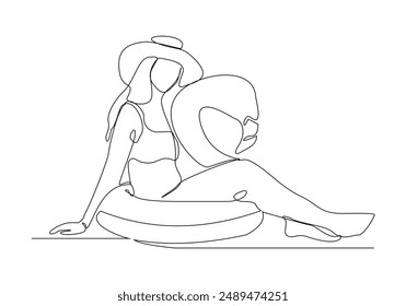 Continuous single line sketch drawing beach vacation summer travel woman relaxing with swimming pool inflatable flamingo float toy vector illustration